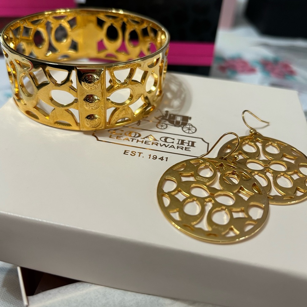 Coach Gold-Tone Cutout Signature Bangle with Matching Drop Earrings